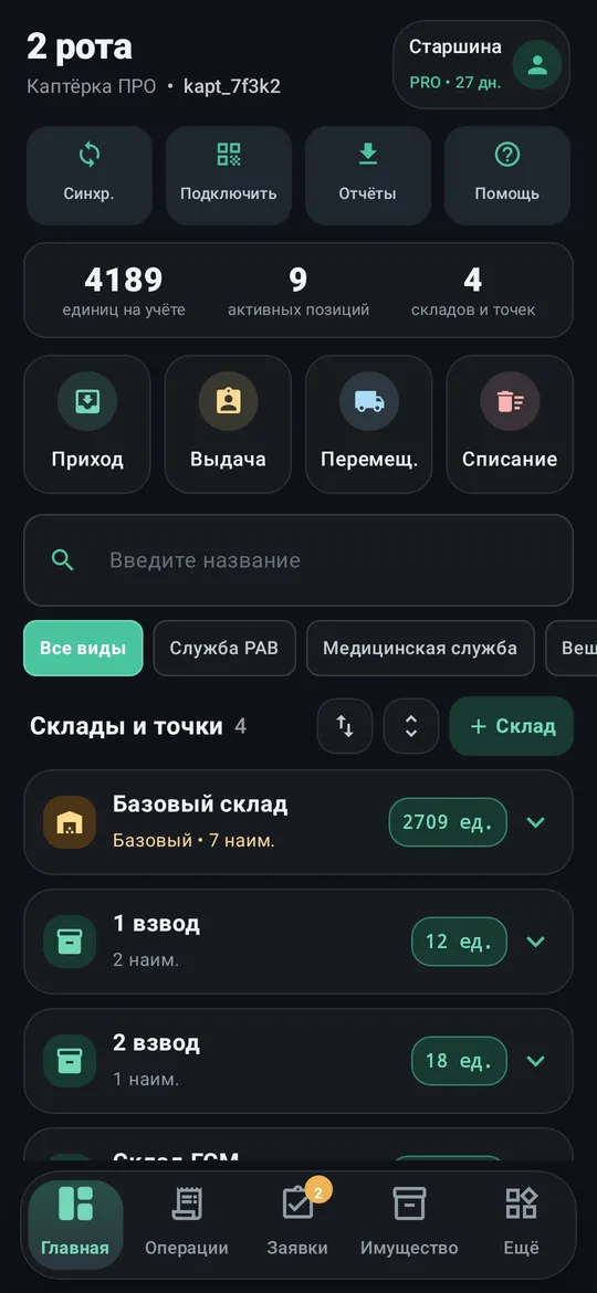 Пример интерфейса — Главная: склады, остатки и быстрые операции