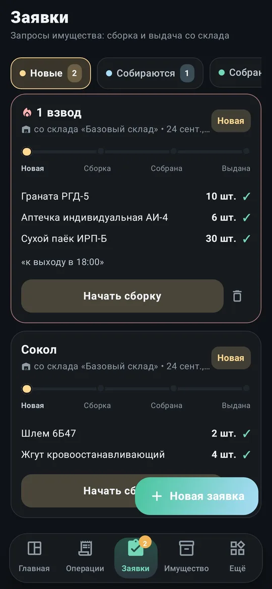 Пример интерфейса — Заявки: новая → сборка → собрана → выдана