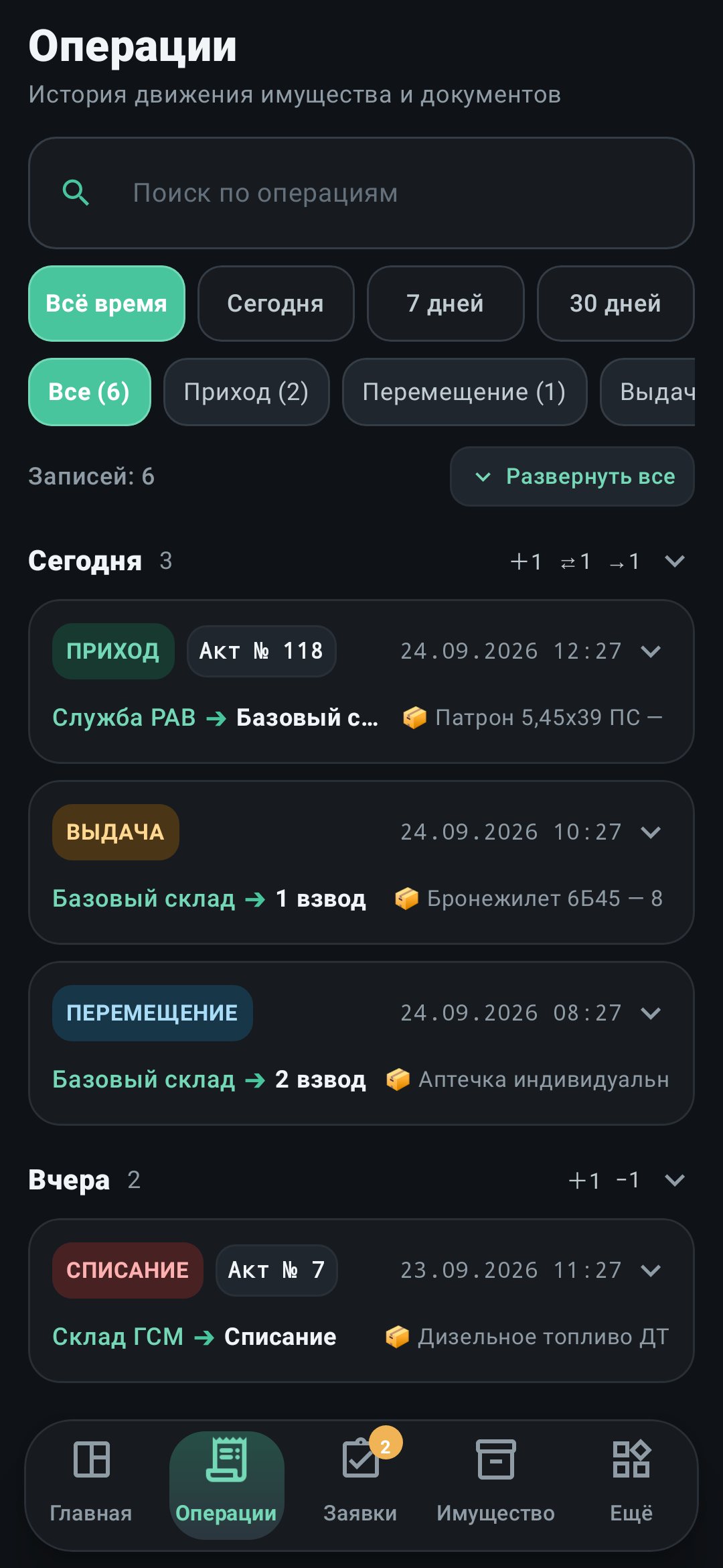 Журнал операций по дням